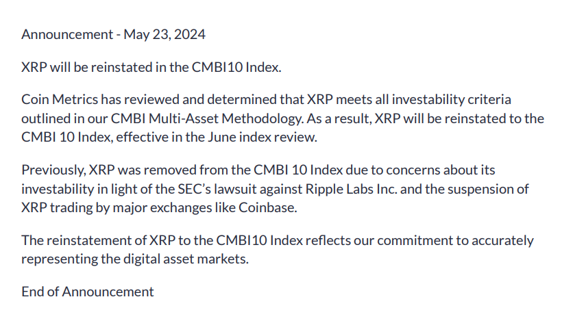 CoinMetrics is reinstating #XRP in the CMBI10 Index.
'Coin Metrics has reviewed and determined that XRP meets all investability criteria outlined in our CMBI Multi-Asset Methodology. As a result, XRP will be reinstated to the CMBI 10 Index, effective in the June index review.'