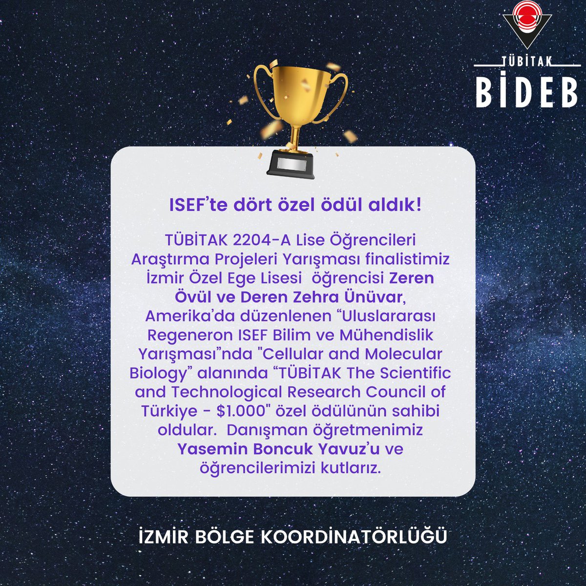 Bitmedi…🏆 Dünyanın en büyük bilim ve mühendislik yarışması olan Uluslararası Regeneron ISEF Bilim ve Mühendislik Yarışmasında 4 Özel Ödül İzmir Bölgesinden!
<a href="/Tubitak/">TÜBİTAK</a> <a href="/ProfHasanMandal/">Prof. Dr. Hasan Mandal</a> <a href="/TubitakBIDEB/">TÜBİTAK BİDEB</a> <a href="/OFUrsavas/">Ömer Faruk Ursavaş</a> <a href="/onur_donmez/">Onur Dönmez</a> <a href="/izmirfenlise/">İzmir Fen Lisesi</a> <a href="/OzelEgeLisesi/">Özel Ege Lisesi</a>