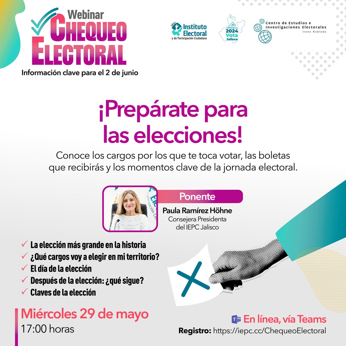 ¡Toda la información en nuestro webinar Chequeo Electoral! 🗳

Ponente: @PRamirezHohne, Consejera Presidenta del IEPC Jalisco.

🙋🏽‍♀️🙋🏽‍♂️ Regístrate aquí
iepc.cc/ChequeoElector…

📅 Miércoles 29 de mayo
⏰17:00 hrs

#TuVozEsElPoder #JaliscoVota2024 #EsNetaVota #ChequeoElectoral