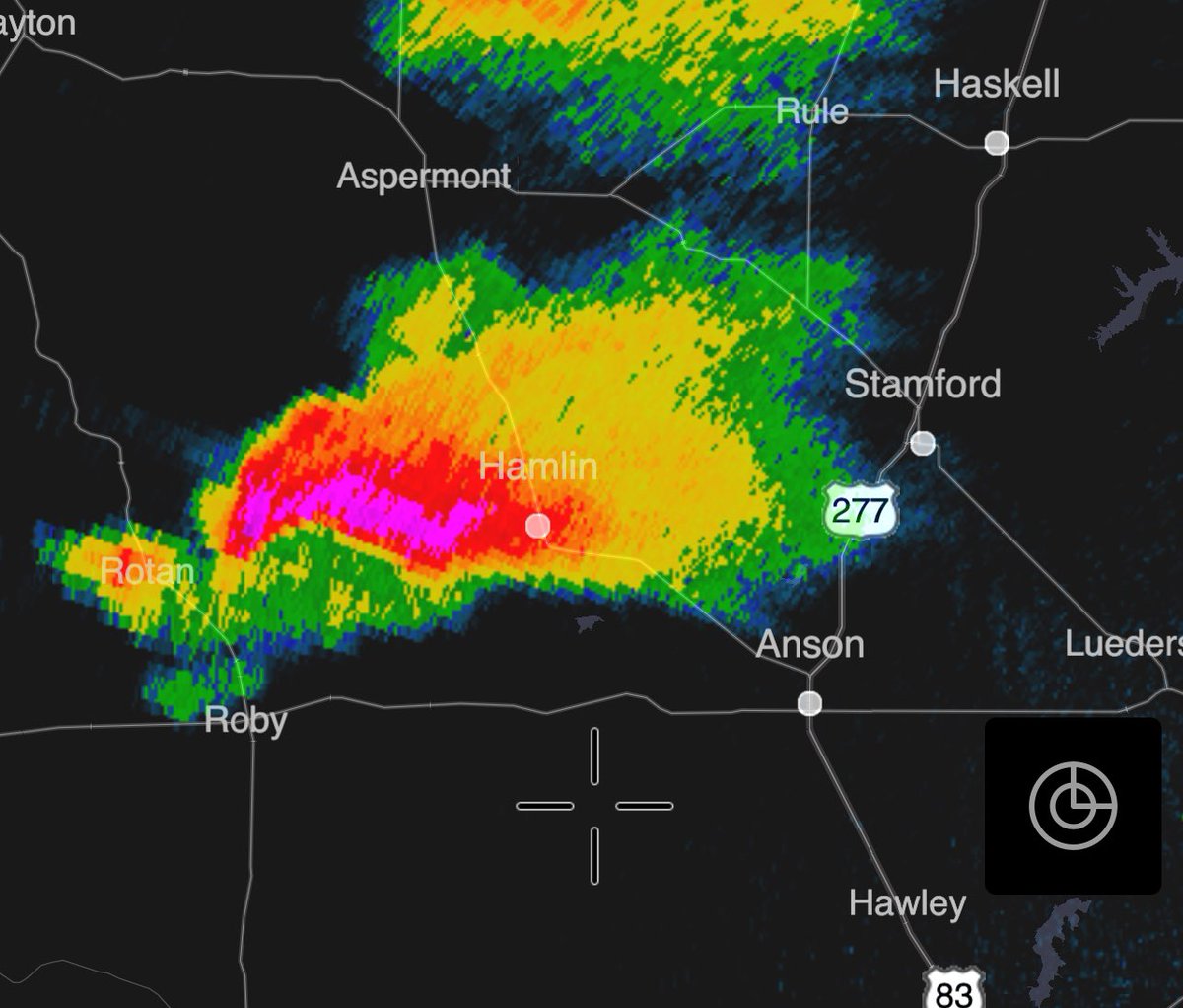 MatthewCappucci's tweet photo. Anson, Texas — where a strong tornado whirled ominously close to on May 2 — could be in line for golf ball- to baseball-sized hail in the next 90 minutes!

Track with the per station radar feature in the @MyRadarWX app: https://t.co/QAEHZHzrLg