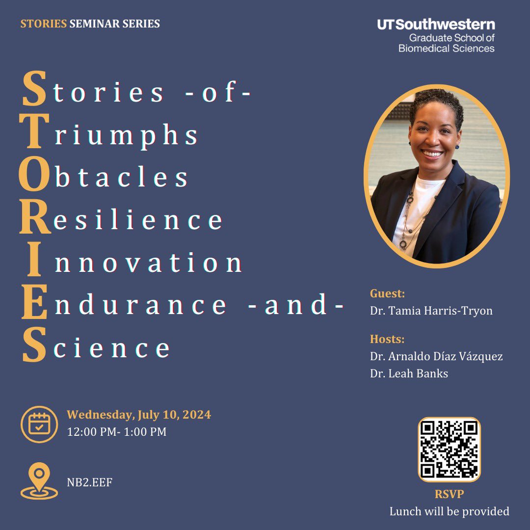 Dr. Arnaldo Díaz (@adiaz_phd) on Twitter photo 📢 SAVE-the-DATE
We are thrilled to host Dr. Tamia Harris-Tryon, Associate Professor in <a href="/UTSWDerm/">UTSW Dermatology</a> at UT Southwestern, as our next esteemed guest to STORIES.
Join us for a conversation on Dr. Harris-Tryon’s career path. Please see the attached flyer for details. 📢 SAVE-the-DATE
We are thrilled to host Dr. Tamia Harris-Tryon, Associate Professor in <a href="/UTSWDerm/">UTSW Dermatology</a> at UT Southwestern, as our next esteemed guest to STORIES.
Join us for a conversation on Dr. Harris-Tryon’s career path. Please see the attached flyer for details.