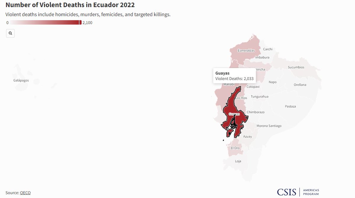 #Ecuador: President @DanielNoboaOk issued another emergency decree for 7 of the country's 24 provinces. @CSISAmericas has done some analysis and field work on the #TCOs in Ecuador. Read further to understand Ecuador's compounding crises and hotspots.
csis.org/analysis/eye-s…