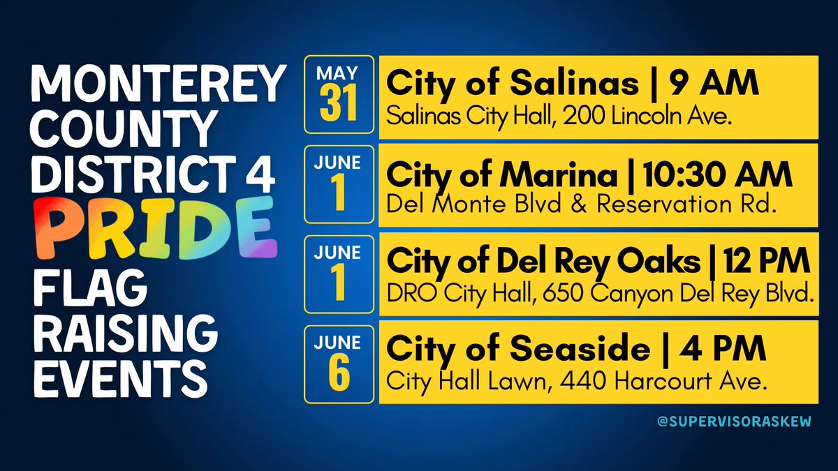 supervisoraskew's tweet photo. Mark your calendars 🗓️ Several cities in Monterey County District 4 will host Pride flag raising events in honor of LGBTQ+ Pride Month 🏳️‍🌈🏳️‍⚧️ https://t.co/AonF2RAOxL