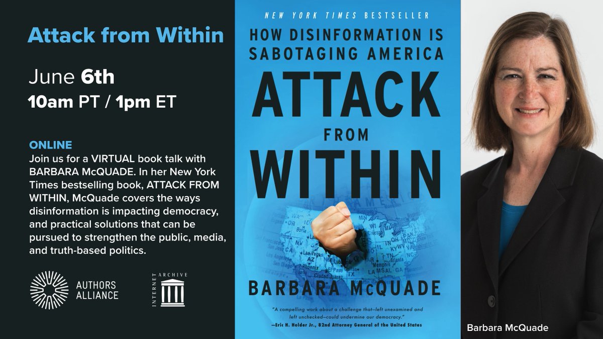 Interested in the effects of disinformation on democracy? Join our VIRTUAL #booktalk with BARBARA McQUADE (@BarbMcQuade), author of the NYT bestseller ATTACK FROM WITHIN. Co-hosted with @Auths_Alliance. 📅 June 6 ⏰ 10am PT / 1pm ET 🎟️ eventbrite.com/e/book-talk-at…