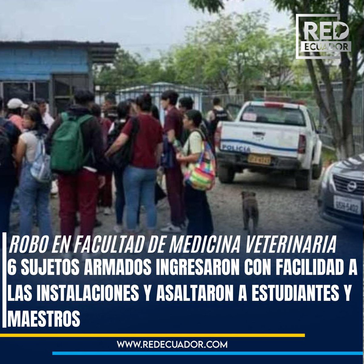 Red_Ecuador_'s tweet photo. NI LAS UNIVERSIDADES SE SALVAN DE LA DELINCUENCIA‼️

Hace pocos minutos se registró un asalto en la universidad de medicina veterinaria y zootecnia ubicada en el km. 27 1, vía a daule.

Los estudiantes y maestros vivieron momentos de terror porque seis sujetos armados ingresaron fácilmente y robaron laptop, celulares, entre otros artefactos.

Alumnos denuncian que en esa facultad no existe seguridad en sus puertas y no cuentan con guardias que controlen el ingreso y salida, así mismo piden encarecidamente que no se excluya a las facultades externas de los privilegios que cuentan en el campus central de la Universidad de Guayaquil.

La policía ya llegó al lugar y están realizando las investigaciones correspondientes.

#zootecnia #universidad #robo #facultad
#veterinaria #daule #robos
