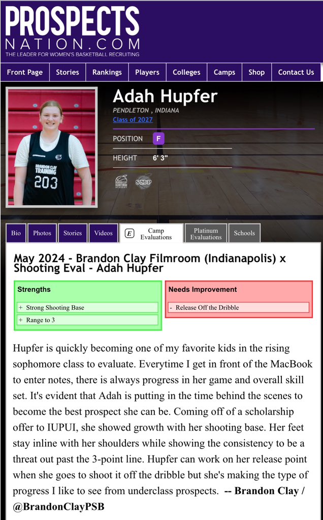Brandon Clay Consulting Evals | #BClayConsulting | Powered by @bclayscouting My latest eval on ‘27 P Adah Hupfer (IN) dropped RIGHT on time. She’s a MUST track prospect inside the Hoosier State. Newest Offer: Central Michigan THE PROGRAM peachstatebasketball.com/brandon-clay-c… @kristinhaynie