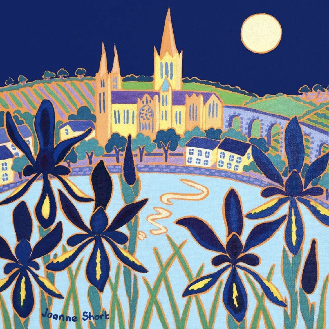 For tonight’s flower full moon I chose this colourful painting as irises are in bloom everywhere at the moment and I love the big, round moon shining a bright light on the cathedral & its surroundings. Nighty night!
Joanne Short (b.1967), English artist 
Moonlit Cathedral, Truro