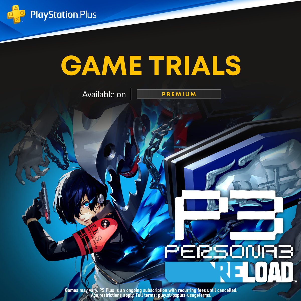 Atlus_West's tweet photo. Yet to jump into Persona 3 Reload? 🤔

PlayStation Plus Premium members can now discover the mysteries of the Dark Hour with a free 3-hour game trial! Progress and trophies carry over to the full game.

Try now: https://t.co/O08n991Tyl https://t.co/RTM6mWUDnZ