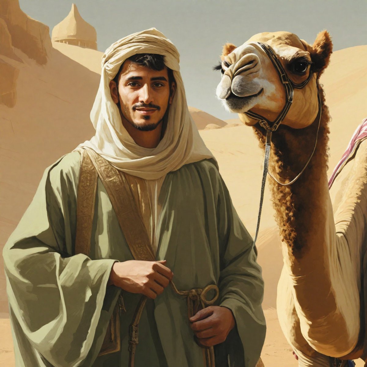ksa8Turky's tweet image. The video experience and the photo from the terrible site @vivago_ai 
prompt 🎨 :  Illustration of a Saudi man with a camel 
#videoai
