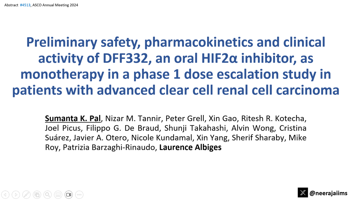 neerajaiims's tweet photo. Ab#4513 @ASCO #ASCO24 👉https://t.co/ojEKABhpCy👉Ph1 study of DFF332, a novel oral HIF2α inhibitor, in pts w/ aRCC #kidneycancer👉promising safety profile &amp; no grade 4 TRAEs or hypoxia reported👇Congrats @montypal @AlbigesL for the oral abst @OncoAlert @urotoday @KidneyCancer https://t.co/pXe94Y5Oez