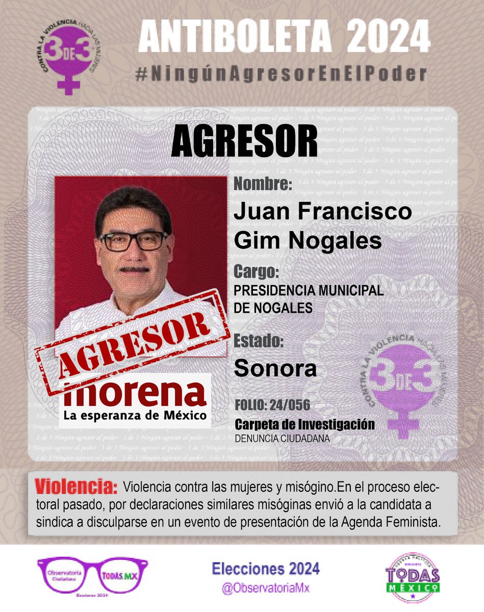 A <a href="/JGimNogales/">Juan Francisco Gim Nogales</a> le gusta discriminar a las Mujeres. ¡En un debate afirmó que las Mujeres preparadas no deben ocupar cargos superiores, a jefes con menos preparación! Con esa mentalidad no puede ser representante popular  #NingúnAgresorEnElPoder 
<a href="/PartidoMorenaMx/">Morena</a> <a href="/TEPJF_informa/">Tribunal Electoral del PJF</a>