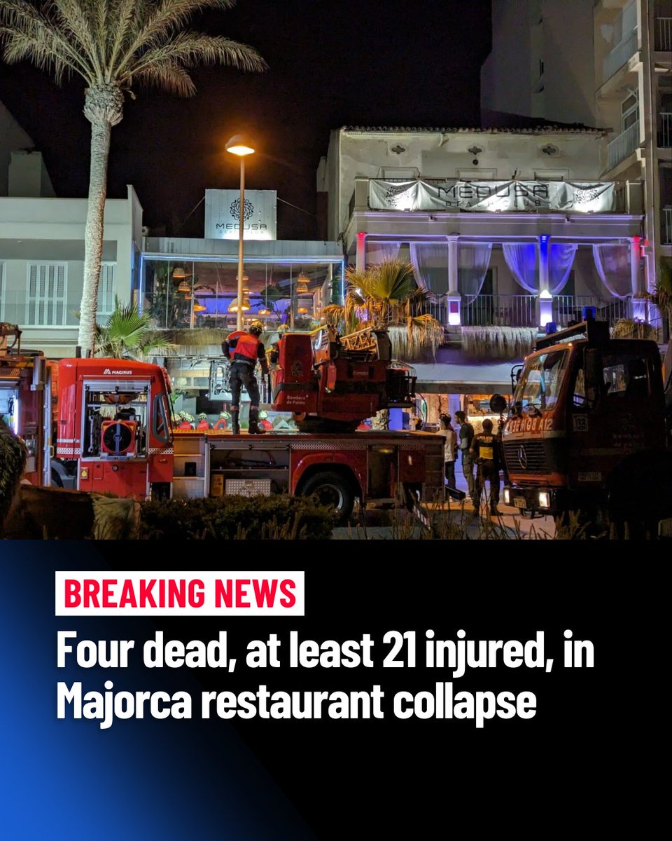Four people have died and at least 21 have been injured in the collapse of a beachside restaurant on the Spanish island of Majorca, according to emergency services. Local media has reported that the restaurant, located in the popular tourist hotspot of Palma de Majorca,