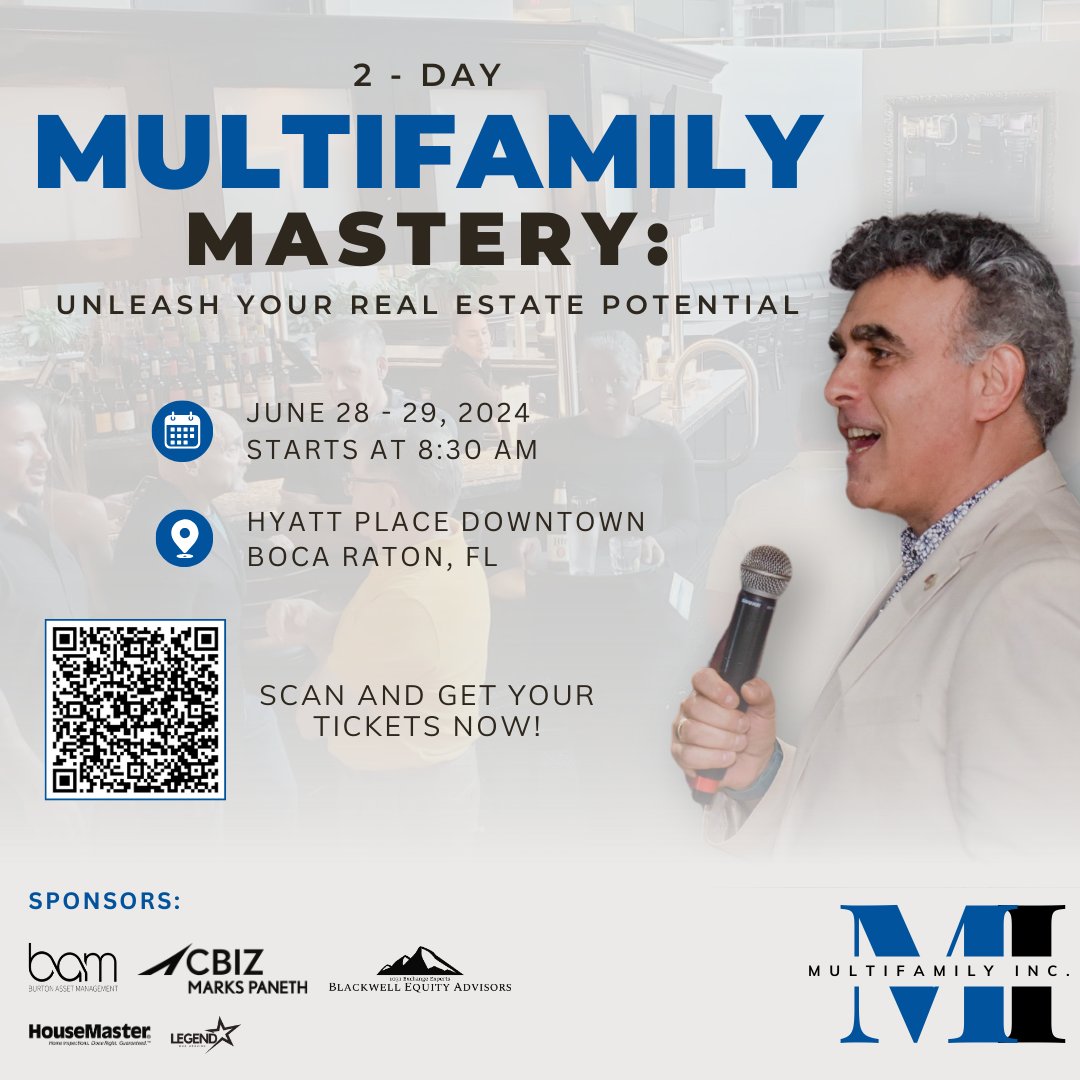 🌟 Ready to unlock your real estate potential? Join us for our '2-Day Multifamily Mastery' event on June 28th and 29th in Boca Raton, FL! Scan the QR code or register now at bit.ly/2DayMultifamil…. Don't miss out! #realestateinvestor
