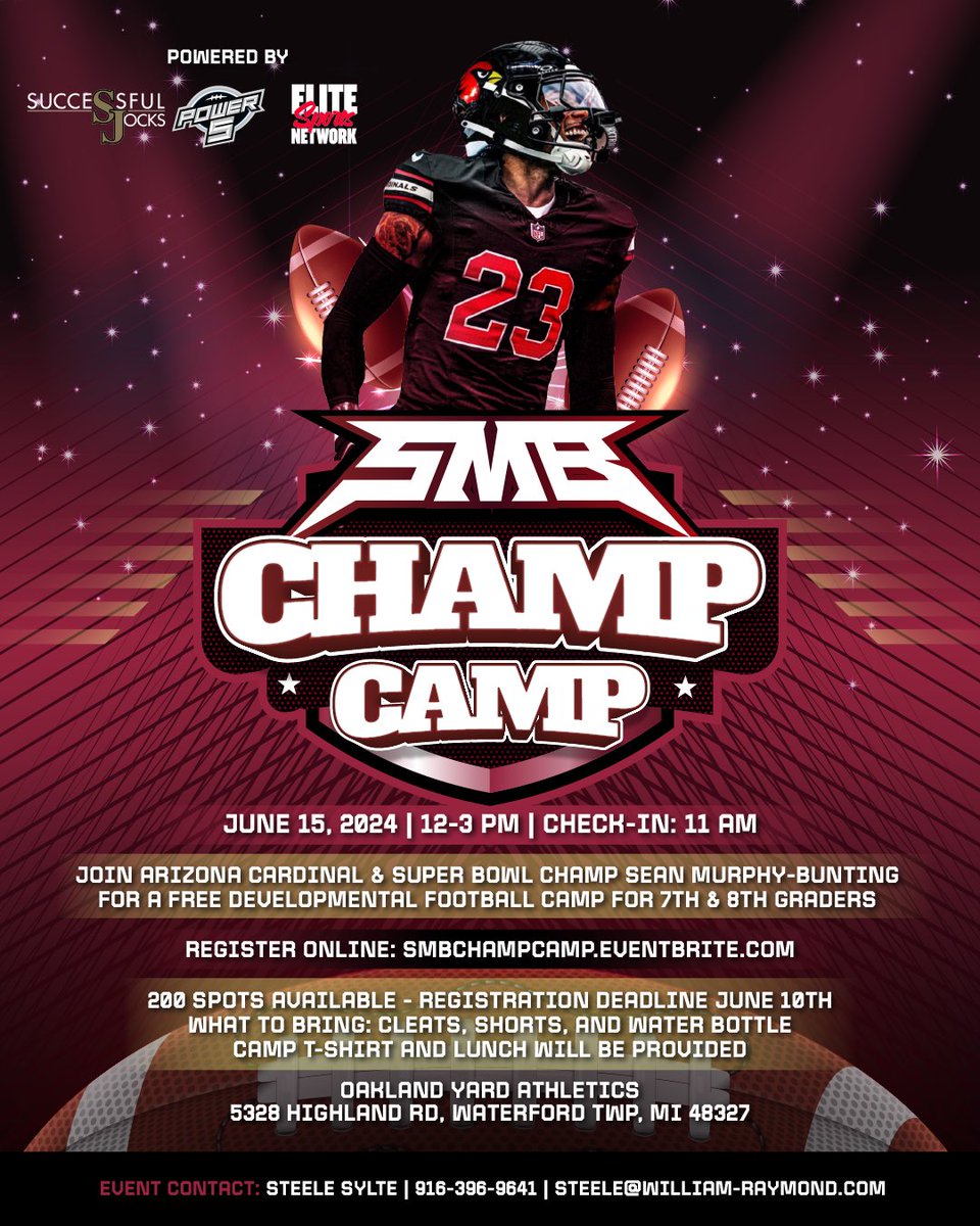 Successful Jocks (@successfuljocks) on Twitter photo The SMB Champ Camp is back!!
📅 June 15
⏱Check In: 11 am/Camp: 12-3 pm
📍Oakland Yard Athletics
🏈7th & 8th Graders
➡️ Drills, Competitions, Agilities, and Contests
➡️ <a href="/seanbunting_/">Sean Murphy-Bunting</a>, Successful Jocks, <a href="/EliteFBNetwork/">EliteFootballNetwork</a>, <a href="/Power5QB/">Power 5 QB Training</a>
Details & sign up: smbchampcamp.eventbrite.com The SMB Champ Camp is back!!
📅 June 15
⏱Check In: 11 am/Camp: 12-3 pm
📍Oakland Yard Athletics
🏈7th & 8th Graders
➡️ Drills, Competitions, Agilities, and Contests
➡️ <a href="/seanbunting_/">Sean Murphy-Bunting</a>, Successful Jocks, <a href="/EliteFBNetwork/">EliteFootballNetwork</a>, <a href="/Power5QB/">Power 5 QB Training</a>
Details & sign up: smbchampcamp.eventbrite.com
