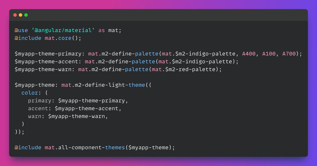 If your app uses Material2 and you're not ready to migrate to material3, #Angular 18 still has your back by providing an automatic migration. 

m3: define-palette / define-light-theme ...
m2: m2-define-palette / m2-define-light-them ...