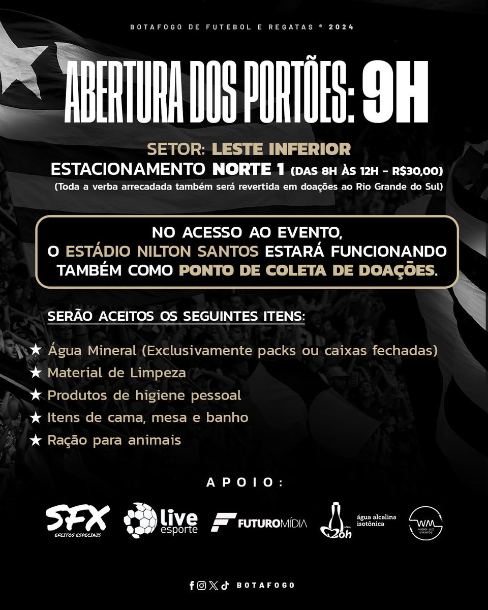 TREINO ABERTO| SOS RIO GRANDE DO SUL! 🏟️⚽️

Botafogo abre os portões do Nilton Santos, neste domingo, em apoio às vítimas da tragédia do Sul! Acesse Botafogo.com.br/ingresso e garanta o seu ingresso solidário. Nossas doações fazem a diferença! ⭐️💪🏽 #BFR