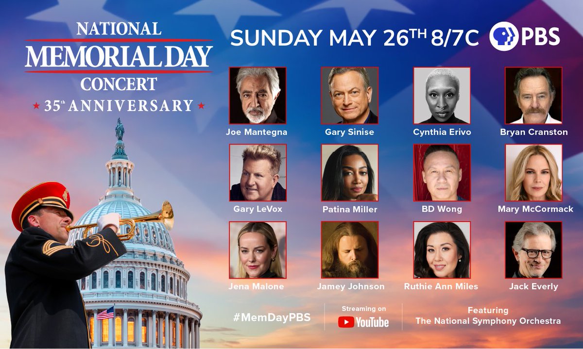 Tony Award-winner @JoeMantegna & Emmy Award-winner @GarySinise return to host the 35th annual National Memorial Day Concert, with a talented ensemble cast paying tribute to America's fallen heroes. Join us Sunday, May 26th, 8/7c, only on #PBS @LockheedMartin @HoratioAlgerUS