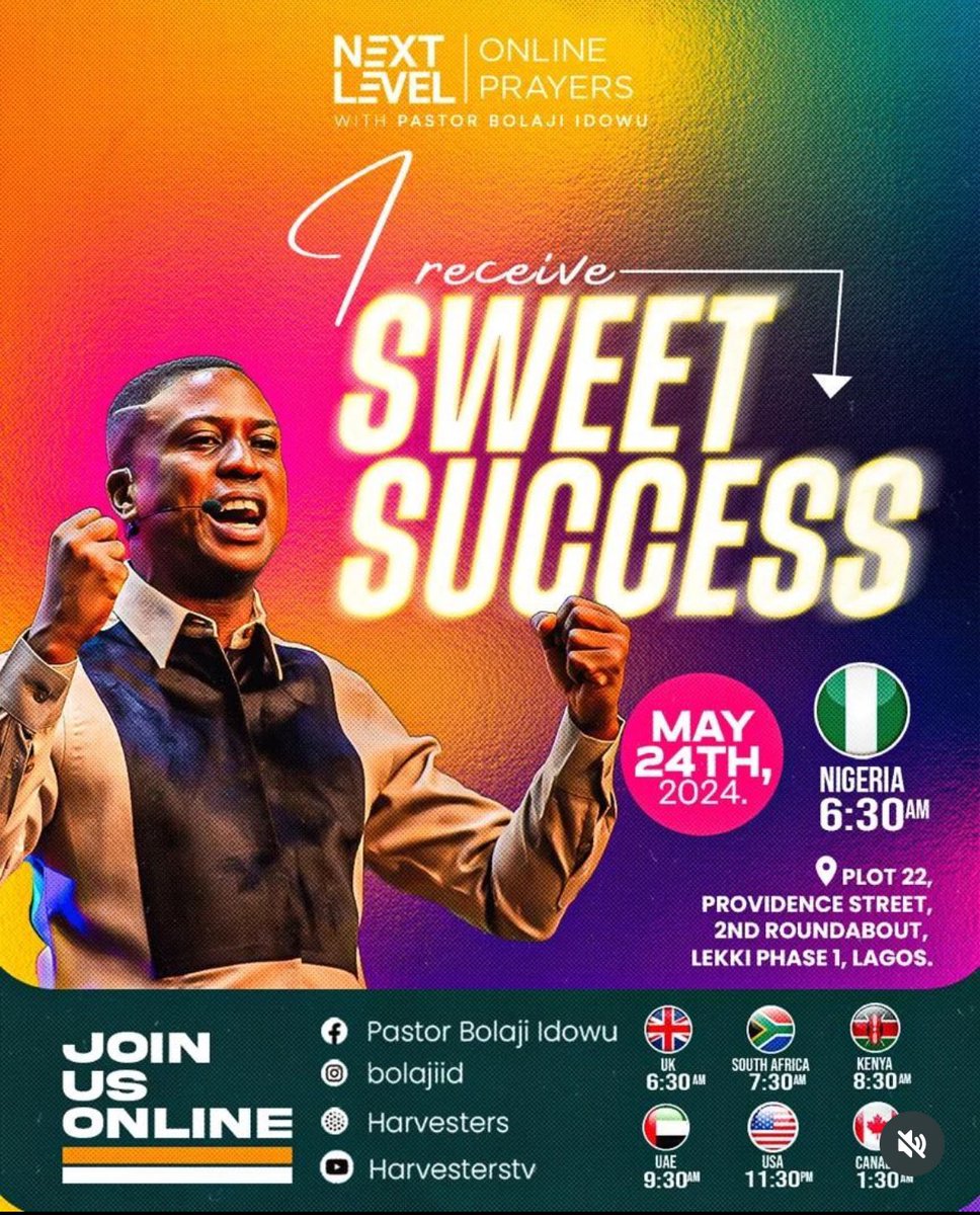 #NLP this #Friday 👉 SWEET SUCCESS! 🔥🔥🔥

Join us Online/Onsite 💯 

Invite your friends, family & colleagues 👍

Grace is our story!!! ✅
#May24th
#WordBasedPrayers
#NextLevelPrayers 
#NLPWithPastorBolaji