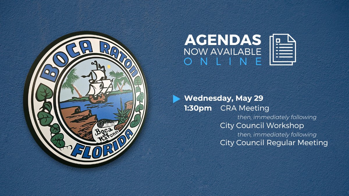 Next week's meetings will ALL be held on Wednesday. 
Agendas for are available online.  myboca.us/129/Agendas 
✋Public welcome at 6500 Congress Ave.  
💻 Streaming online  myboca.us/WatchLive
📺Or watch LIVE at home  
• Comcast Ch 20  
• AT&T Uverse Ch 99  
• Hotwire Ch