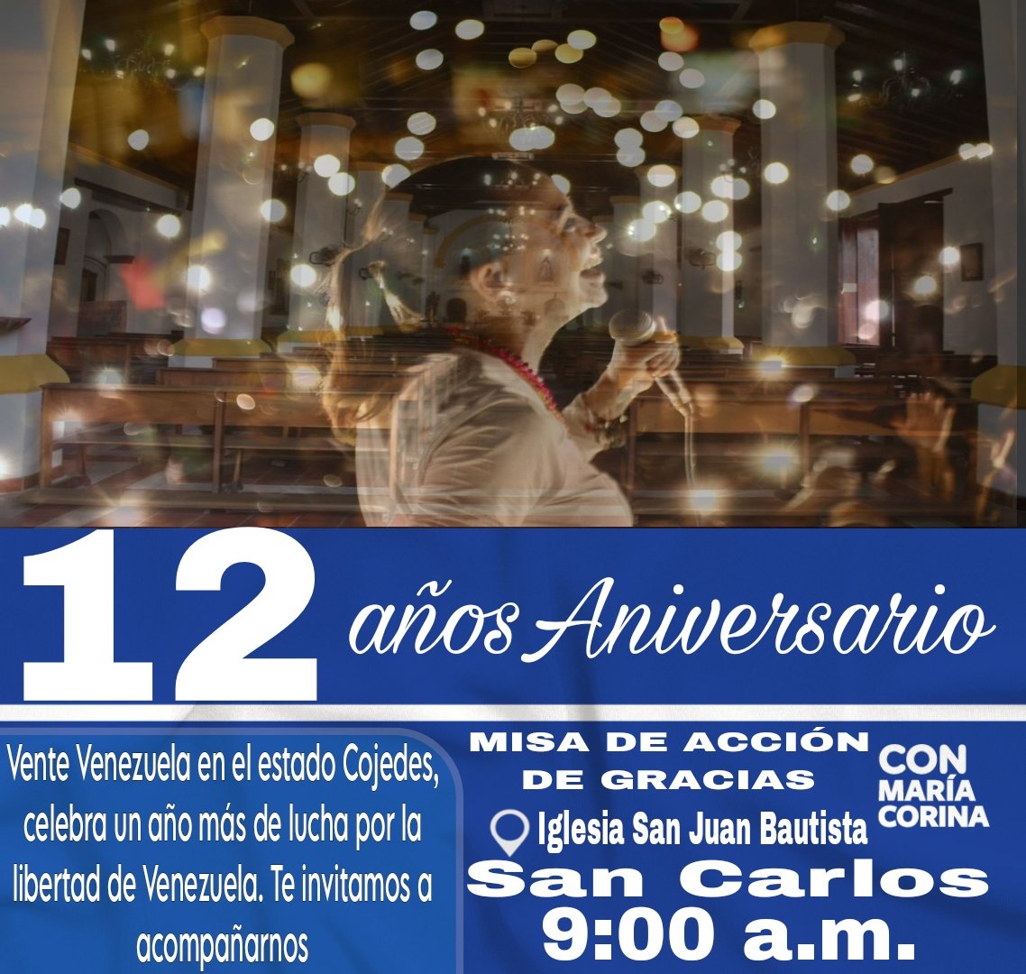 Vente Venezuela de aniversario.

Mañana cumpliremos 12 años luchando y superando obstáculos.
Los invitamos a formar parte de ello, con una misa de acción de gracias.🙏

Iglesia San Juan (San Carlos)
9:00 a.m. 
Viernes 24/05
¡Te esperamos!