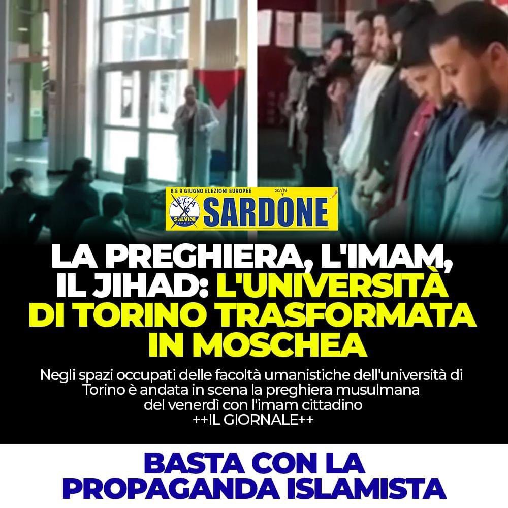 Nell'università di Torino occupata dagli studenti di sinistra ormai le aule vengono trasformate in moschee con sermoni che inneggiano alla guerra santa.
Una situazione vergognosa e inaccettabile!
🟦 #europee #votaLEGA #scriviSARDONE 🟦
