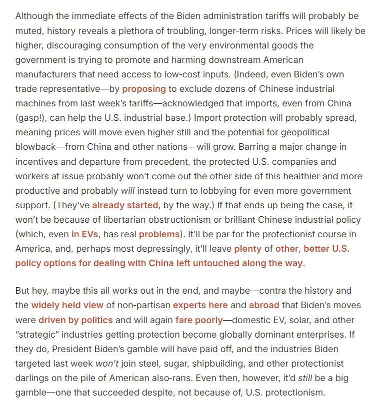 The real risks of the Biden administration's recently announced tariffs on Chinese imports are less about what happens tomorrow and far more about the problems that could materialize in the future. @scottlincicome explains... cato.org/commentary/bid… #CatoTrade