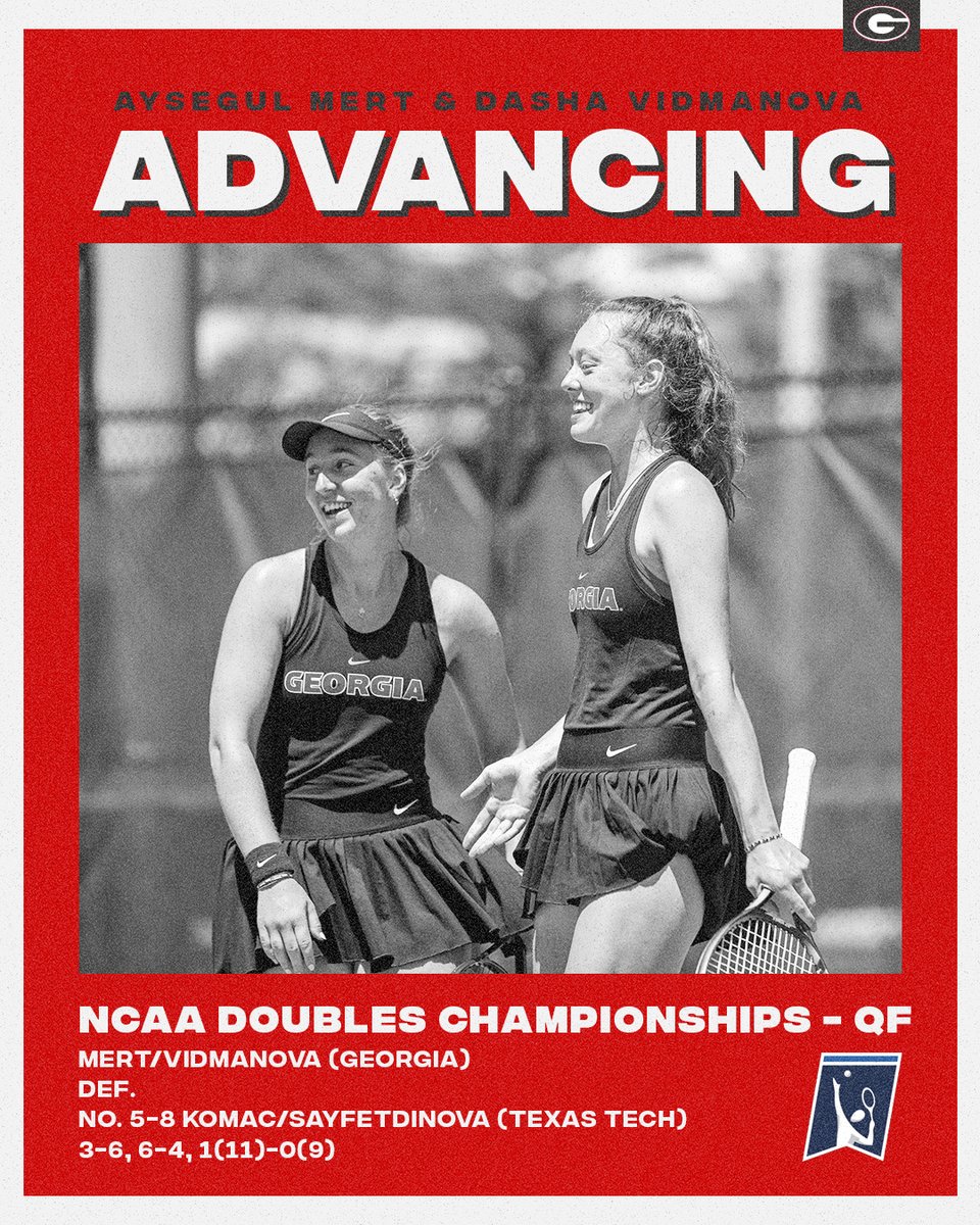 Ays and Dasha are NCAA doubles semifinalists! 👏 The duo force a third set and complete the comeback to defeat No. 5-8 Komac/Sayfetdinova (Texas Tech) and move on to the doubles final 4️⃣‼️ #GoDawgs