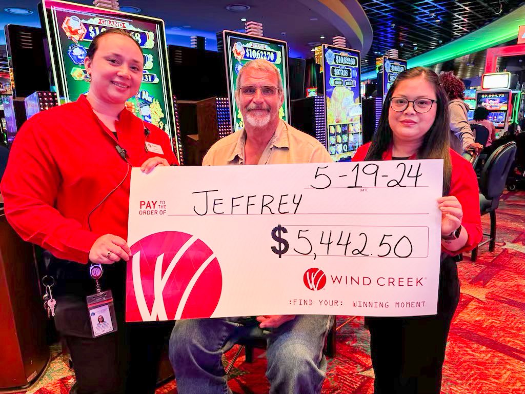 🎰JACKPOT ALERT🎰 Join us in sending this #JackpotWinner #Congrats on finding his #winningmoment at #WindCreekAtmore! Jeffery won $5,442.50 on Meow Meow Madness!🎰🎊 Have you tried your luck on this machine yet?👀 #WCAtmore #Jackpot