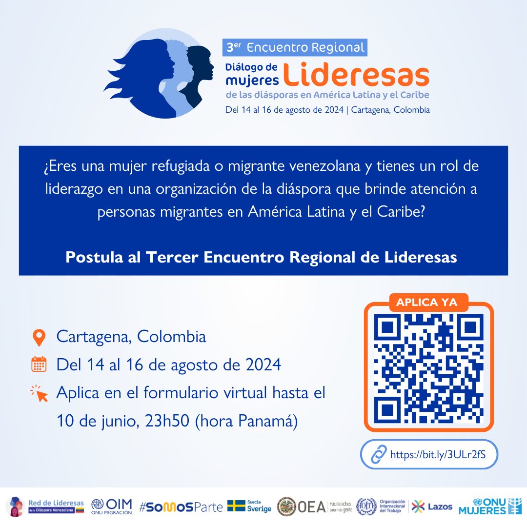 📣¡Forma parte del 3er Encuentro Regional Diálogo de Mujeres Lideresas de las Diásporas en América Latina y el Caribe! ➕Detalles: bit.ly/4dCA0ox ✍️Registro: bit.ly/3ULr2fS 🗓️Hasta el 10 de junio 🤝@OIM_RRMV @OEA_Inclusion @OITAmericas @ONUMujeres @SwedeninCOL