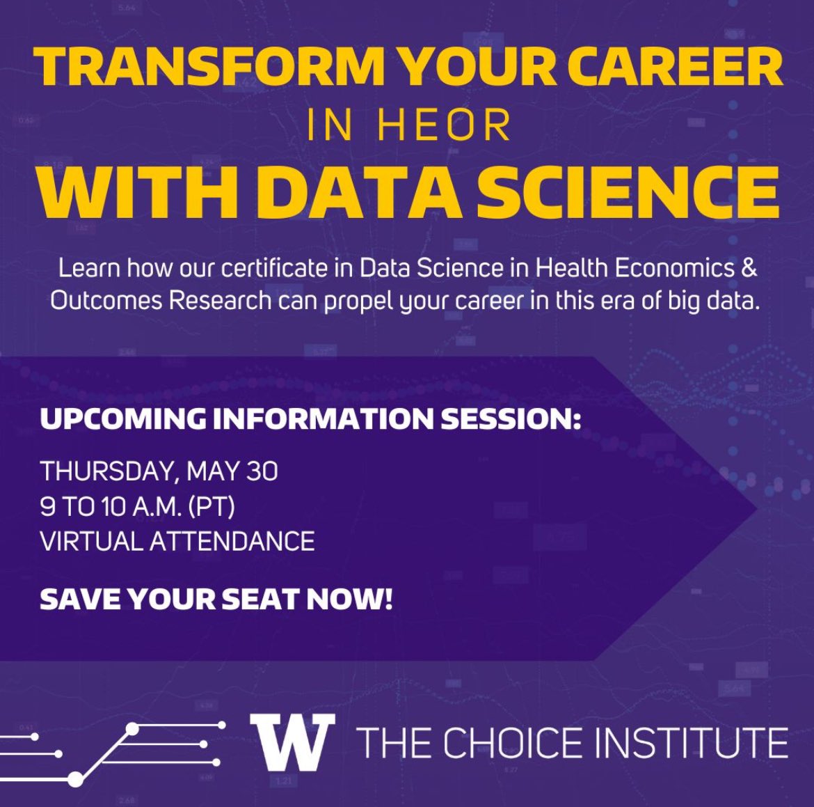 The future of HEOR is data science. 💡 

Unlock next-level opportunities and refine your skills with #UWCHOICE’s new certificate in Data Science in HEOR. Join our virtual info session on May 30 at 9 am PT to learn more!  

Register today: pce.uw.edu/events/05-30-2…  <a href="/Basucally/">Anirban Basu</a>