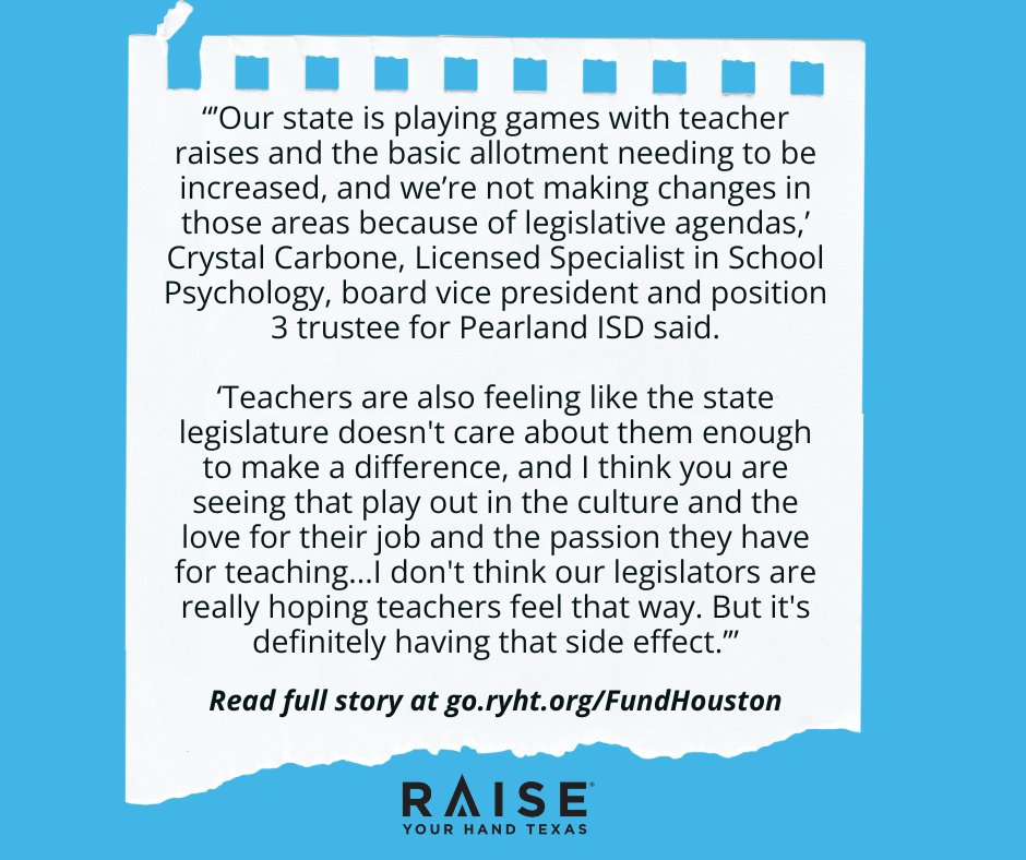 '‘Teachers are also feeling like the state legislature doesn't care about them enough to make a difference -'. Read the full article at go.ryht.org/FundHouston #TxLege #TxEd