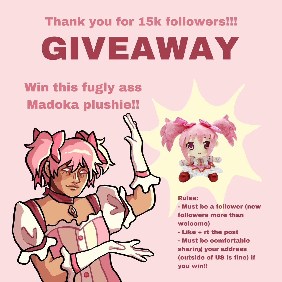 meduka_ebooks's tweet photo. Thank you so much for 15k followers!! As is tradition, I’ve decided to do another Madoka themed giveaway :-3 this time it’ll be this funny looking Madoka plush!

Rules:
- be a follower (new followers are more than welcome)
- like + rt the post
- comfy sharing address for shipping https://t.co/DHDVHIE2h7