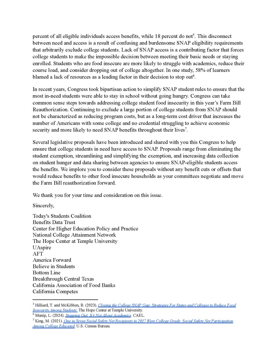 Today's House #FarmBill markup is troubling, not only because of proposed cuts to SNAP, but also because the rules exacerbating college student food insecurity are left unaddressed. Today, 63 orgs including @hope4college respond. todaysstudentscoalition.org/wp-content/upl…