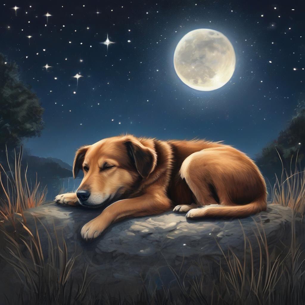 Goodnight 3448 friends ✨ 

A peaceful scene of a sleeping dog under a starry sky with the moon shining brightly above, conveying a sense of tranquility and bedtime serenity #aiart 

Sweetdreams ❤️