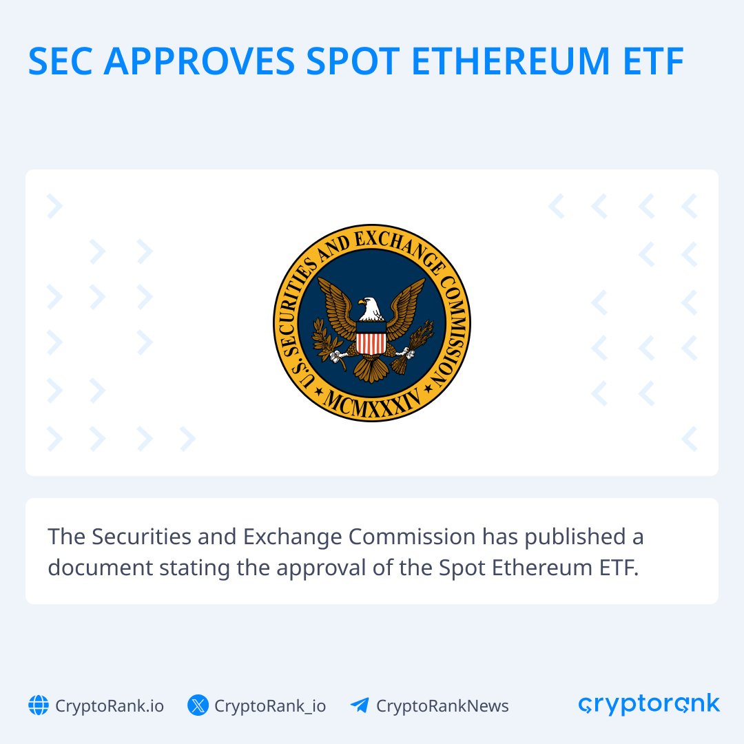 CryptoRank_io's tweet photo. SEC Approves Spot Ethereum ETF

The Securities and Exchange Commission has published a document stating the approval of the Spot #EthereumETF.