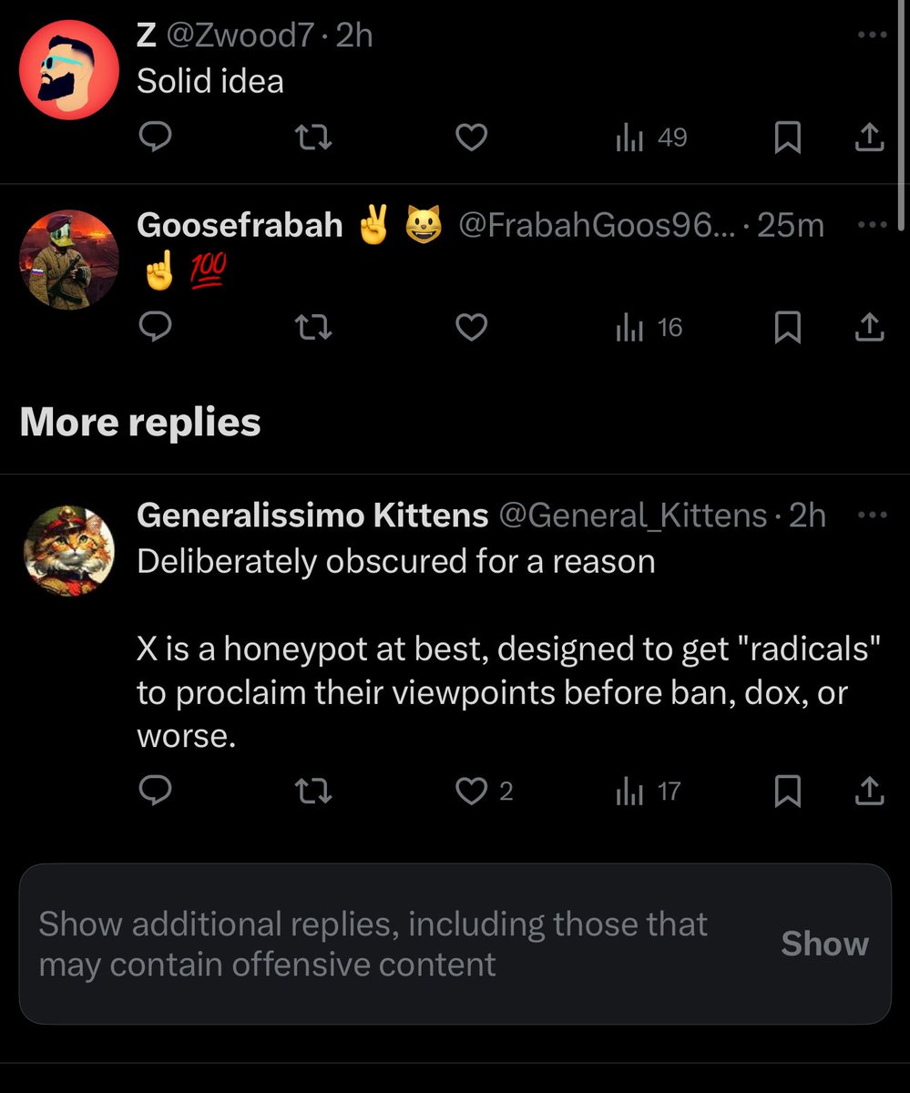 1. X looks for ANY way to justify our censorship. If you like or reply to any post listed behind “show more” or “sensitive content” labels, your reputation score & visibility decreases 2. Those you follow will NEVER appear behind those labels