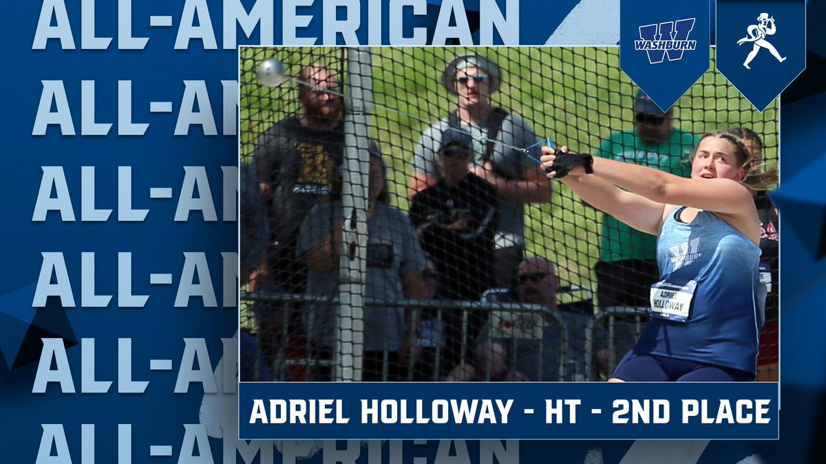 <a href="/IchabodXCTF/">Washburn XC/TF</a> Adriel Holloway earns her second All-American award with her second-place finish in the hammer throw with a personal best and school-record mark of 58.70m (192-7) … Paola Castaldi will earn second-team All-American award after finishing 10th #GoBods