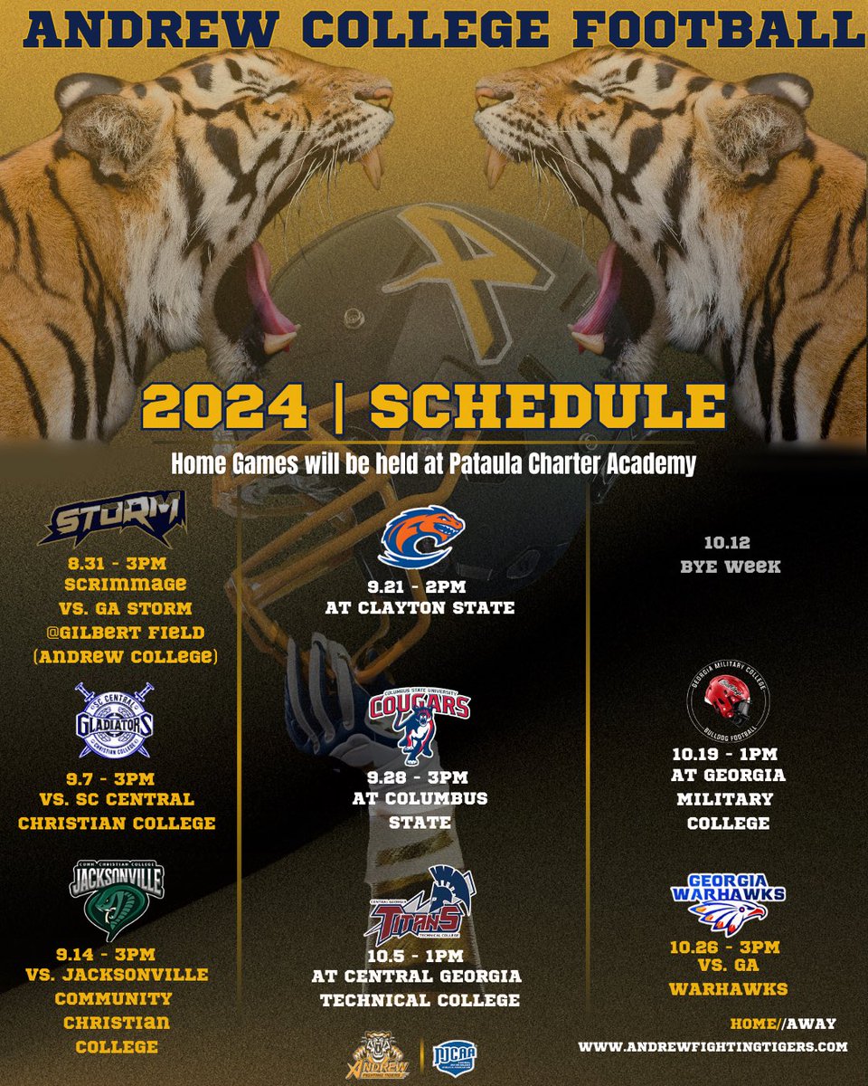 Andrew College Fighting Tigers Football (@tigersandrew) on Twitter photo It’s a big day here at The Tigers Den!It’s time to announce the inaugural Andrew College Fighting Tigers Football schedule! The Fighting Tigers, part of the NJCAA D1, will kick off their season on August 31st against the Georgia Storm at Andrew College. <a href="/Dr_NickGarrett/">Dr. Nick Garrett</a> It’s a big day here at The Tigers Den!It’s time to announce the inaugural Andrew College Fighting Tigers Football schedule! The Fighting Tigers, part of the NJCAA D1, will kick off their season on August 31st against the Georgia Storm at Andrew College. <a href="/Dr_NickGarrett/">Dr. Nick Garrett</a>