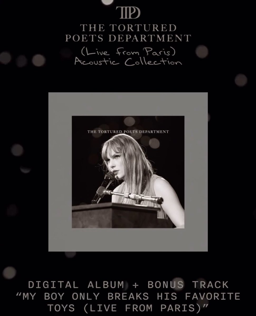 tswifterastour's tweet photo. 🚨| Taylor Swift has officially released "THE TORTURED POETS DEPARTMENT (Live from Paris) Acoustic Collection" on her official store including:

- loml
- My Boy Only Breaks His Favorite Toys
- The Alchemy x Treacherous (Mashup) https://t.co/pqj63nzKhA