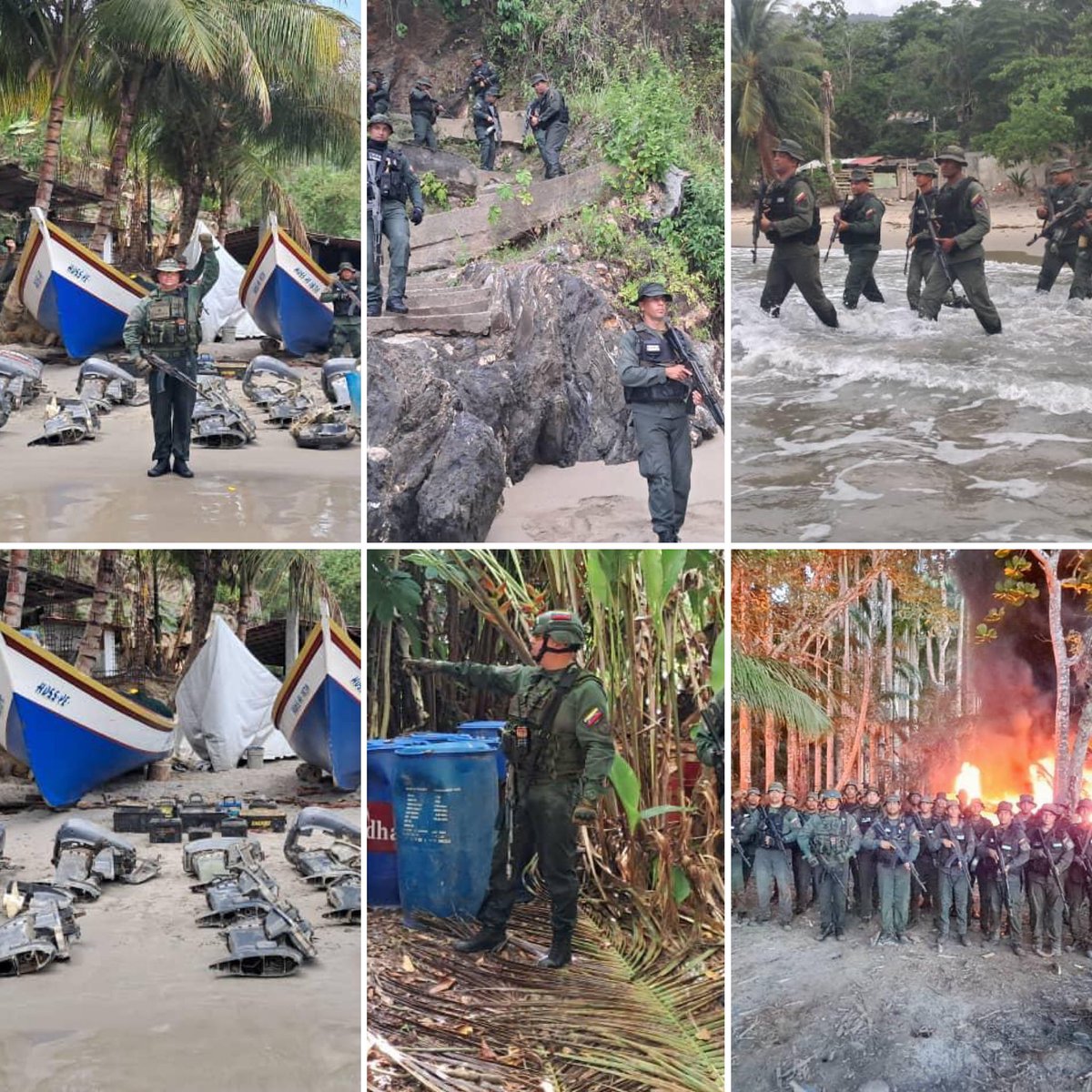 dhernandezlarez's tweet photo. En el marco de la Operación “Cacique Cayaurima” dando cumplimiento a lo ordenado por el Comandante en Jefe de la #FANB, en la lucha frontal contra los grupos asociados al narcotráfico multinacional y la delincuencia organizada, que intenten robar la paz y el sosiego a los ciudadanos y ciudadanas, efectivos de la FANB en labores de patrullaje y escudriñamiento, localizaron, desmantelaron y destruyeron un campamento logístico en el sector Puerto Nuevo, en coordenadas 10°43'18.5" N, 62°28'39.8"O, municipio Arismendi del estado Sucre, perteneciente a Grupos Estructurados de Delincuencia Organizada (GEDO) asociados al narcotráfico, trata de personas y tráfico de armas, con el siguiente material:

- Treinta mil (30.000) Litros de Combustible tipo Gasolina en ciento treinta y seis (136) Tambores de doscientos veinte Litros (220 Ltrs.).
- Mil (1.000) Litros de Lubricante para motor fuera de borda en cinco (05) Tambores de doscientos veinte Litros (220 Ltrs.).
- Dos (02) Naves tipo Lancha.
- Dos (02) Naves tipo Peñero.
- Una (01) Moto de agua.
- Catorce (14) Motores fuera de borda en partes y piezas.
- Once (11) Baterías para motores fuera de borda.

La FANB permanece desplegada junto a los OSC, garantizando la Paz social de nuestro pueblo. El Estado venezolano lucha a diario contra los grupos generadores de violencia que afectan la Paz y sosiego de la población y mantiene el despliegue activo para ejercer la soberanía nacional y la integridad territorial en un Estado democrático de derecho y de justicia social donde prela el humanismo como principal derecho fundamental de nuestra población. Procedimiento notificado al Ministerio Público.

#IntegrarEsVencer 
#CreoEnVenezuela