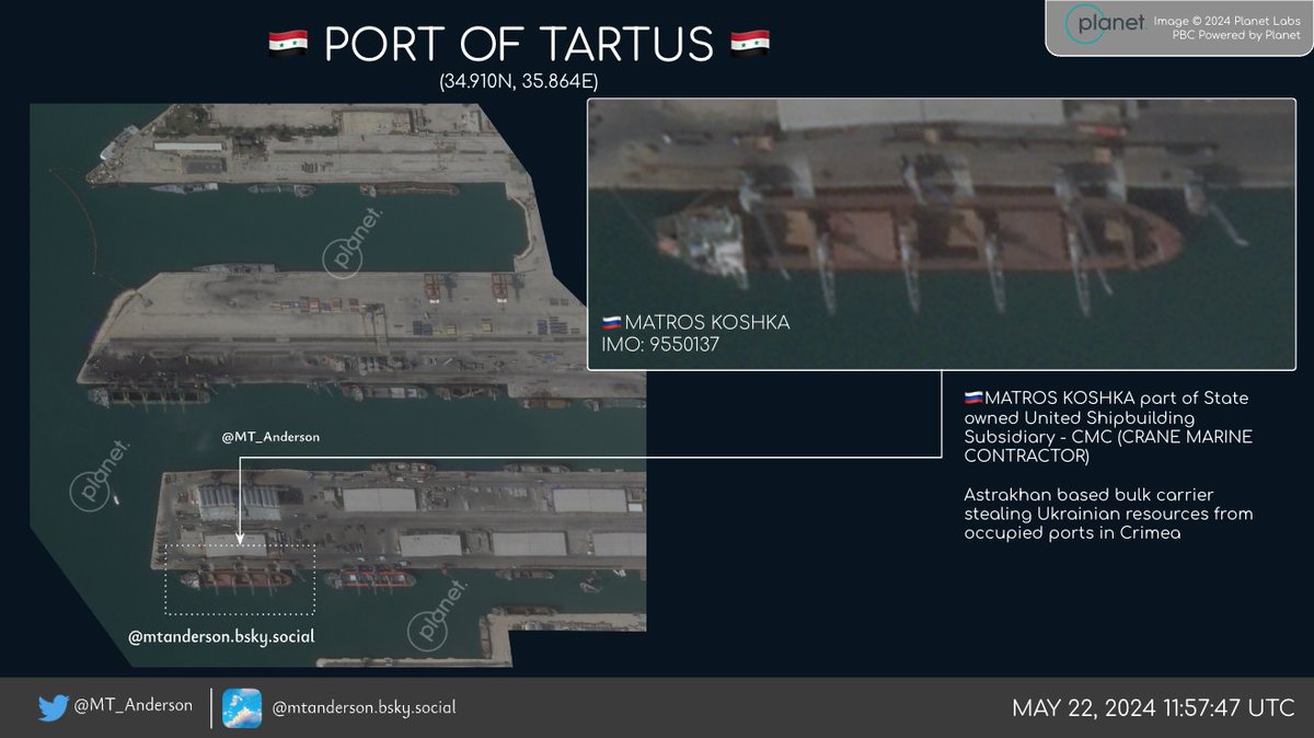 🇸🇾PORT OF TARTUS🇸🇾 When a 🇷🇺flagged bulk carrier has a destination listed as 🇱🇧Beirut, you can be almost certain that they meant 🇸🇾Tartus 0.5m📷 (22 May 2024) clearly shows the Matros Koshka unloading 27,500 tons of 🇺🇦#stolenukrainiangrain