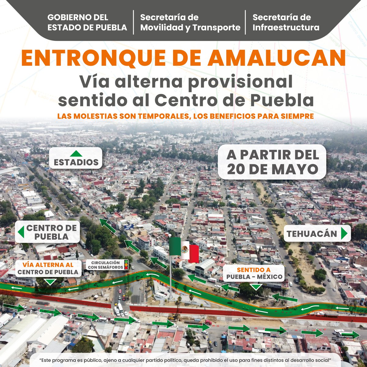 ⚠️ ¡Alerta automovilistas! Por trabajos de construcción del Distribuidor Vial “Ejército de Oriente”, se habilitó un paso provisional seguro en el entronque de Amalucan sentido al centro de Puebla. 🚧 Maneja con precaución. 🚗 🚛