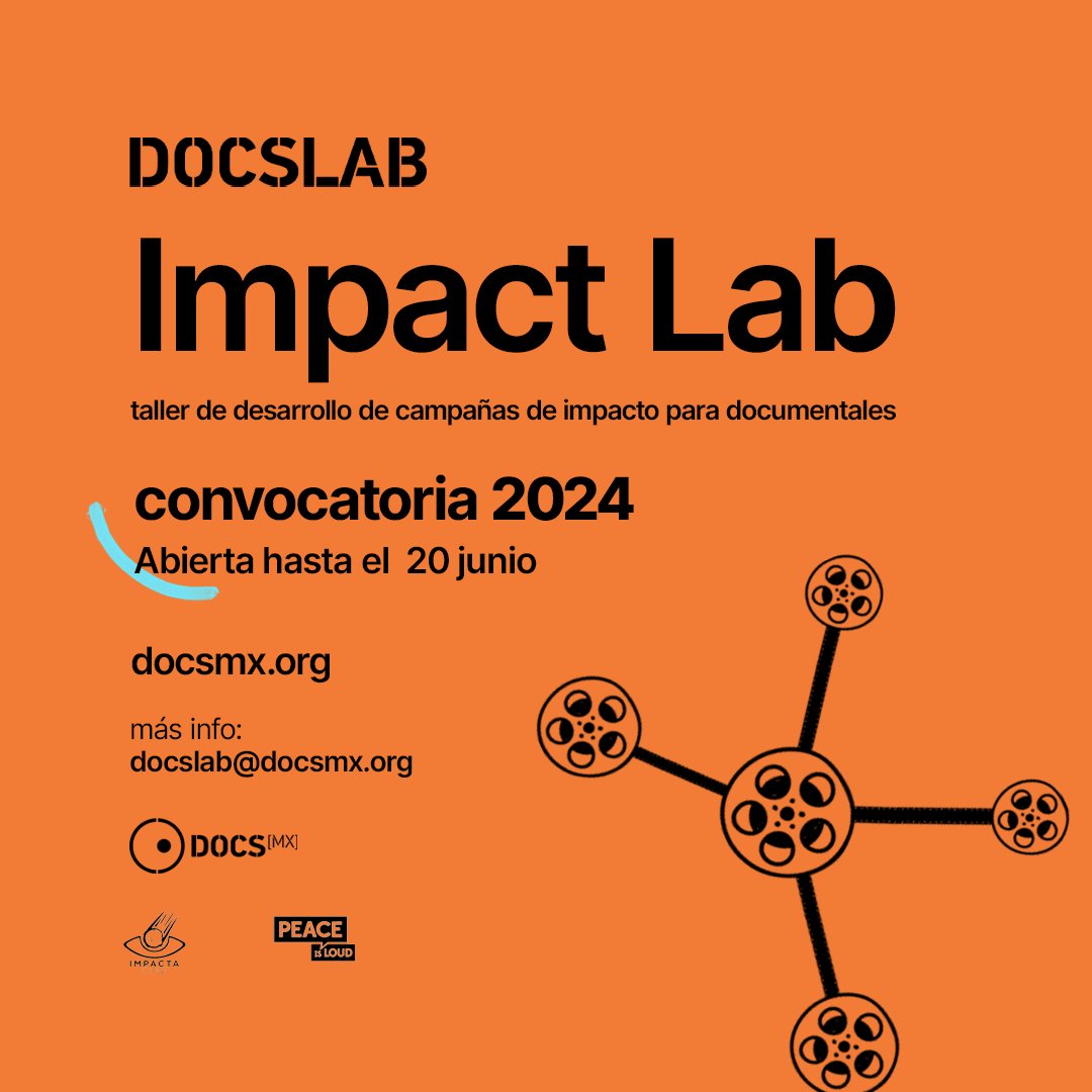 📣 ¡Forma parte de #ImpactLab! El taller formativo de DocsLab enfocado en crear y planear una campaña de impacto que acompañe el estreno de tu documental, a través de asesorías por parte de @impactacine y @peaceisloud. Revisa las bases y regístrate. 👉 bit.ly/44XbIkU