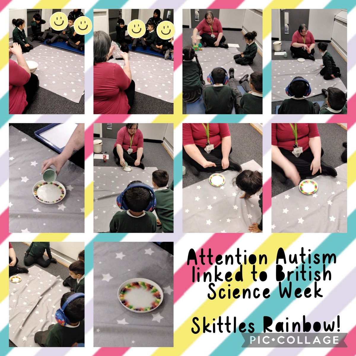 wyndclf's tweet image. On Tuesday, #WPSHoneycomb continued their #BritishScienceWeek investigations with an Attention Autism session where our stage 2 activity was a Skittles Rainbow! #leightrustb8 #WPS #science