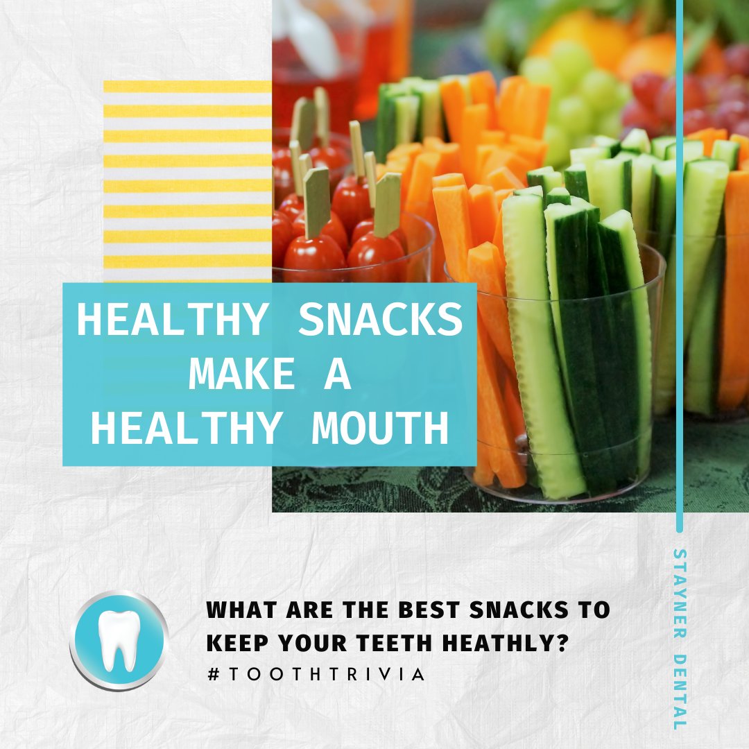 staynerdental's tweet photo. #toothtrivia The best snacks contain tooth-friendly compounds such as the minerals calcium & phosphorus or natural antibacterials & stimulate saliva
๐ฆท Carrots, celery, apples, cheese, yogurt, plain nuts, rice cakes w/hummus or sugar-free peanut butter
Day! #healthysnacks https://t.co/r015e1YJNK