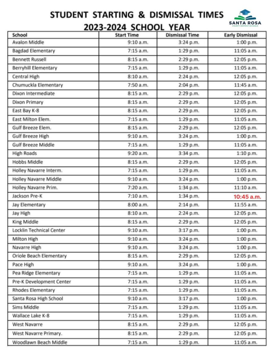 REMINDER - Friday, May 24, is an early release for ALL Santa Rosa County School District students. Please make the necessary arrangements for your child's early dismissal.