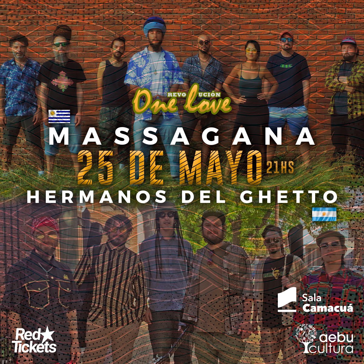 Revolución One Love es el espectáculo de reggae de la banda uruguaya Massagana junto a la Argentina, Hermanos del Gheto.

Entradas en venta por <a href="/RedTicketsUY/">RedTickets Uruguay</a> y promociones para socios de <a href="/Aebu_Uruguay/">AEBU</a>