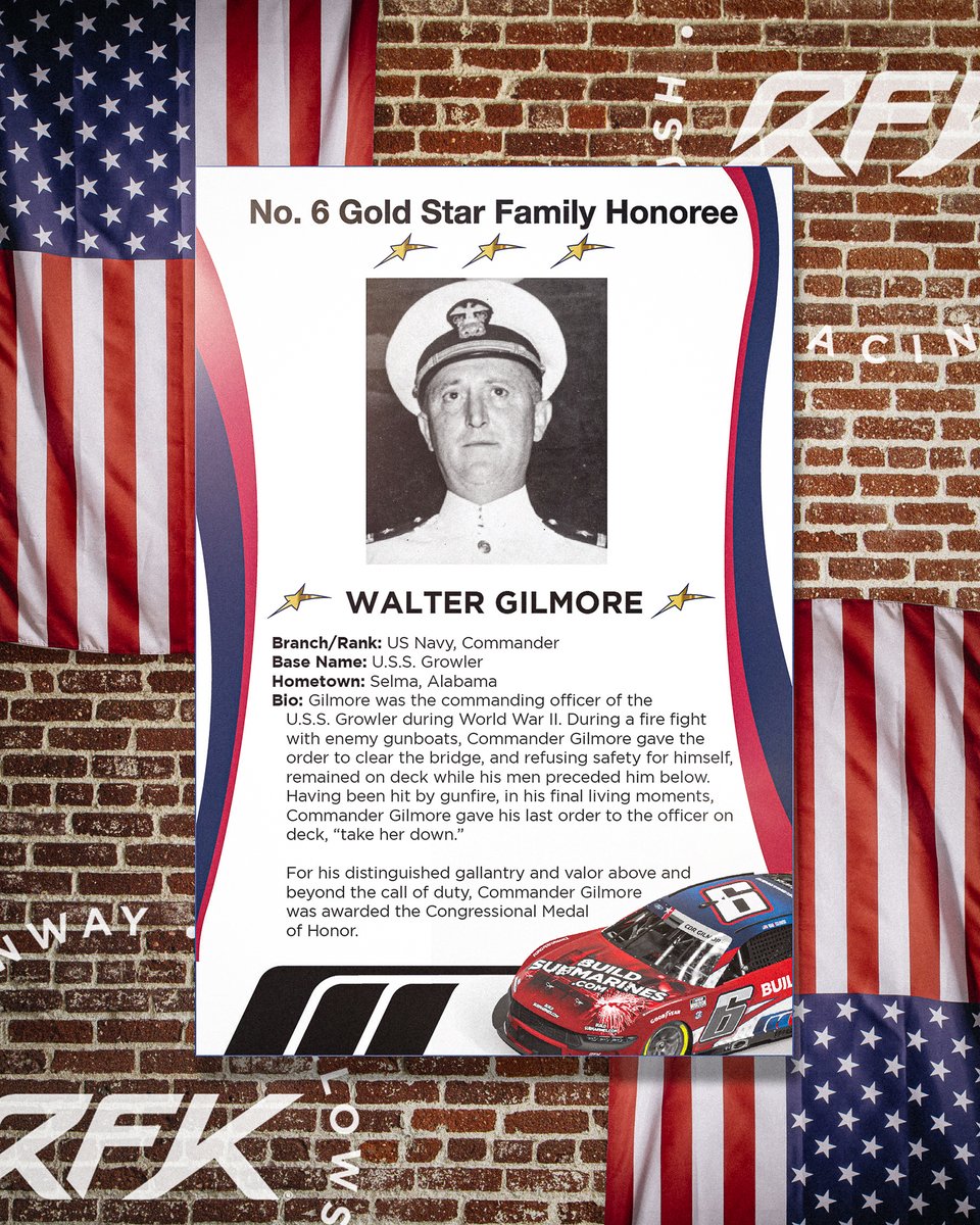 The No. 6 will honor the heroic efforts of @USNavy Commander Walter Gilmore. 🌊 🇺🇸 @keselowski | @BuildSubmarines