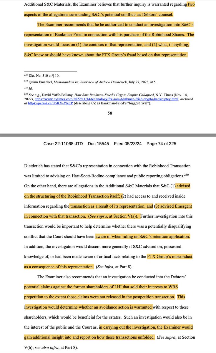 Independent Examiner report has been filed:

Suggests further investigations into
1) S&amp;C involvement in SBF's purchase of Robinhood shares (Included in our Class action)
2) Potential claims against shareholders of Ledger Holdings
FTX paid $300m for Ledger X in 2021
