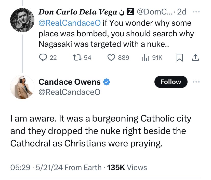 MAGA influencer and top Trump ally Candace Owens claims America dropped a nuclear bomb on Nagasaki directly on a cathedral to kill Christians. You can't make this sh*t up.